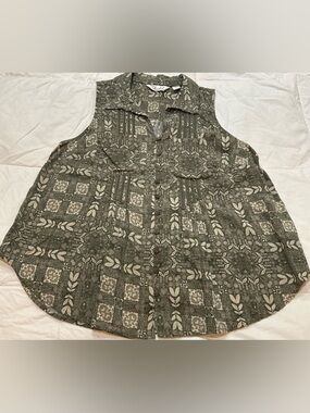 VTG Caffe Marrakesh Sleeveless Button Down Blouse Olive Green Boho Floral Med M